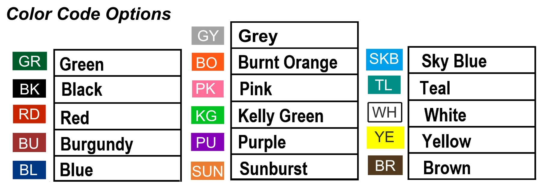 TIE Office-Mates color code options chart for stitched job ticket holder vinyl trim colors