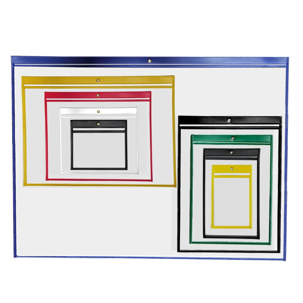 TIE Office-Mates stitched job ticket holder product collage showing multiple holder sizes and color trim options